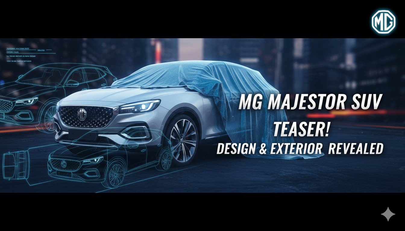 MG Majestor SUV का टीजर इमेज जिसमें फ्रंट डिजाइन और LED लाइट्स दिख रही हैं।