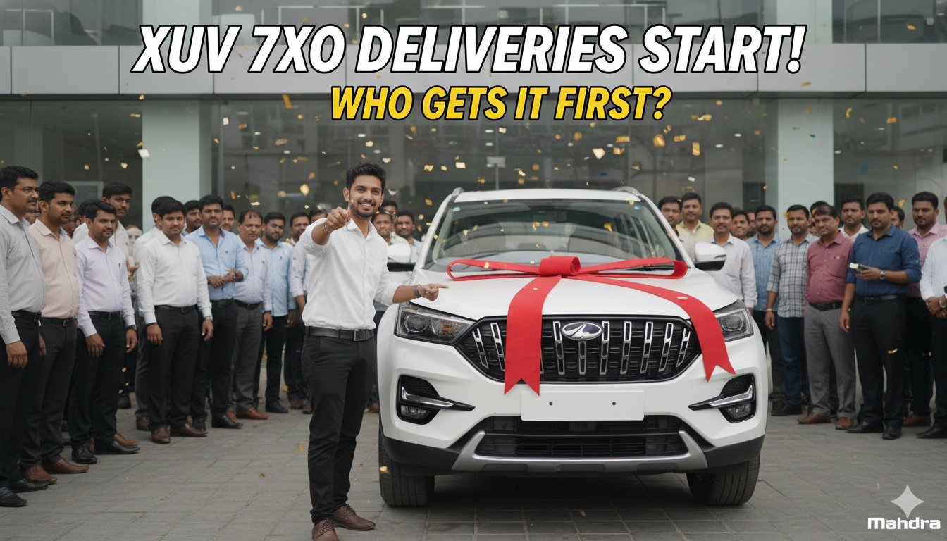 Mahindra XUV 7XO SUV की चमकदार एक्सटीरियर इमेज, जिसमें ट्रिपल स्क्रीन इंटीरियर दिख रहा है।