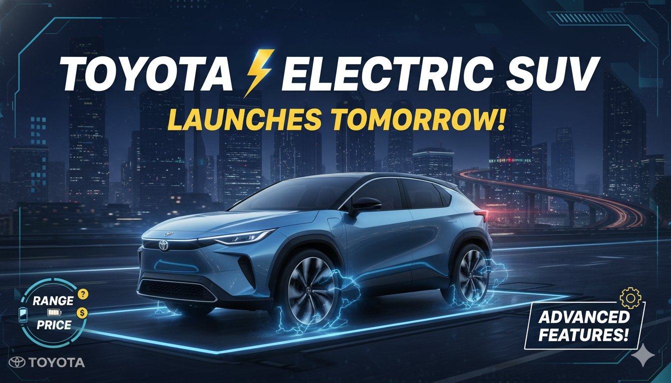 Toyota Urban Cruiser EV की फ्रंट व्यू इमेज, जिसमें स्कल्प्टेड ग्रिल और LED हेडलाइट्स दिख रही हैं।