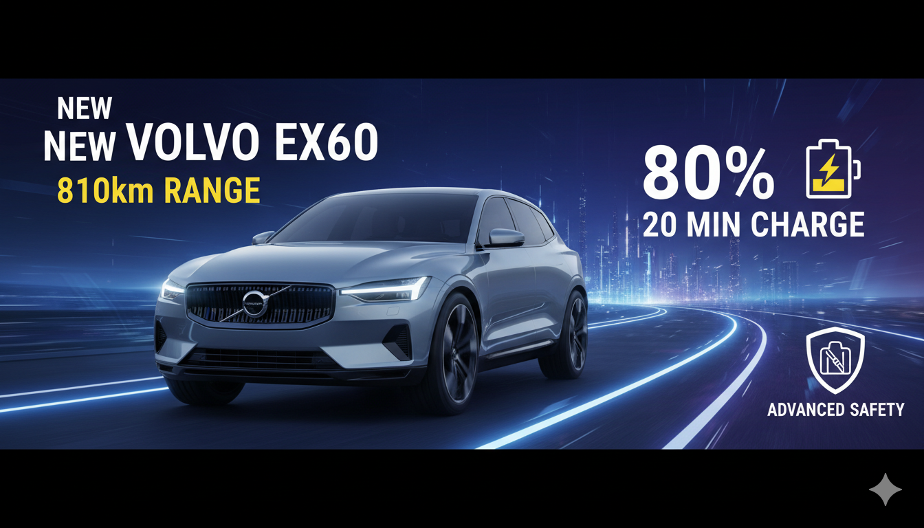 Volvo EX60 इलेक्ट्रिक SUV का फ्रंट व्यू, जिसमें स्लीक LED हेडलाइट्स और ग्रिल दिख रही है।