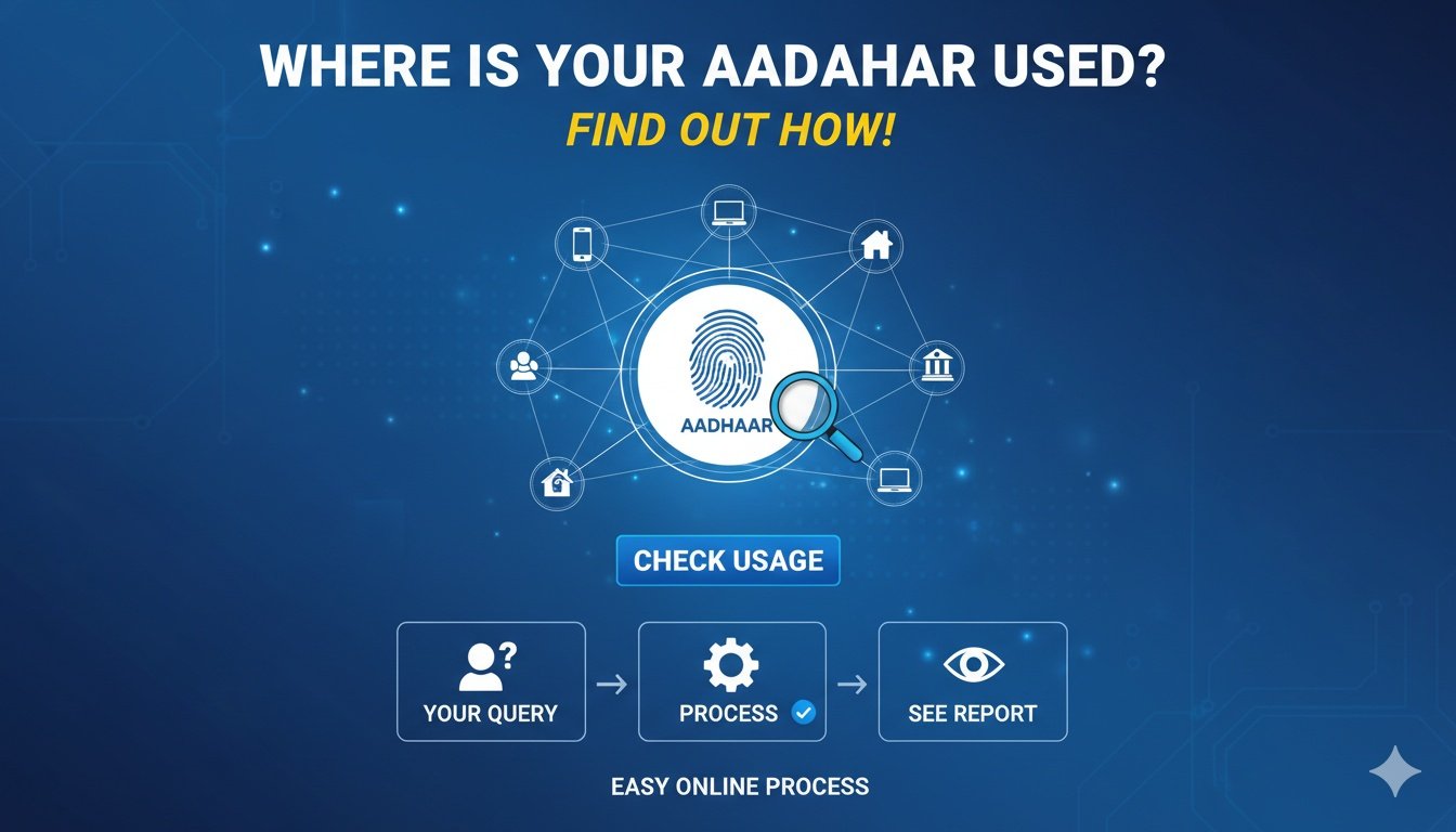 आधार कार्ड चेक प्रोसेस और ऑथेंटिकेशन हिस्ट्री दिखाता ग्राफिक