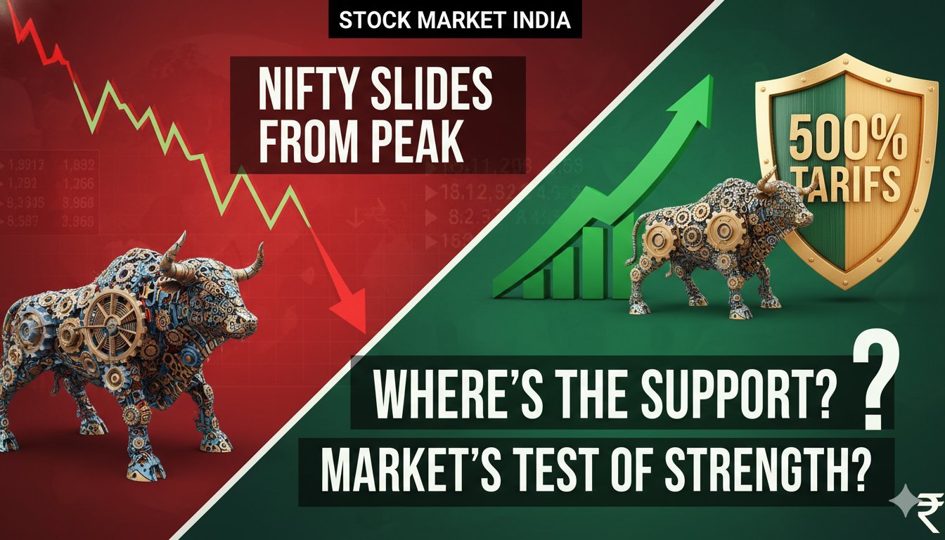 निफ्टी इंडेक्स का गिरता ग्राफ और अमेरिकी टैरिफ की पृष्ठभूमि में शेयर बाजार की हलचल।