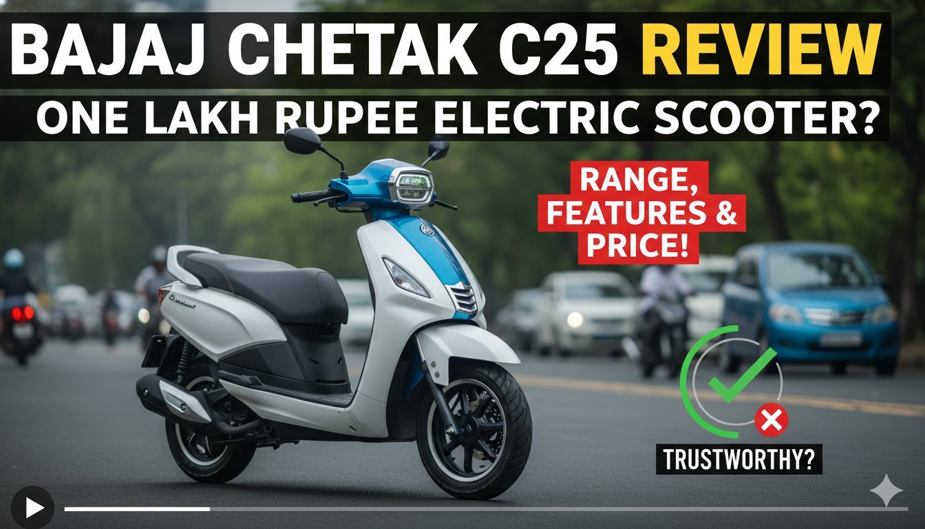 बजाज चेतक C25 इलेक्ट्रिक स्कूटर की राइडिंग इमेज, जिसमें रेंज और फीचर्स हाइलाइटेड हैं।