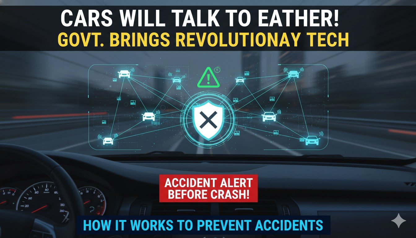 गाड़ियां आपस में V2V तकनीक से बात करती हुईं, दुर्घटना से पहले अलर्ट मिलता हुआ।