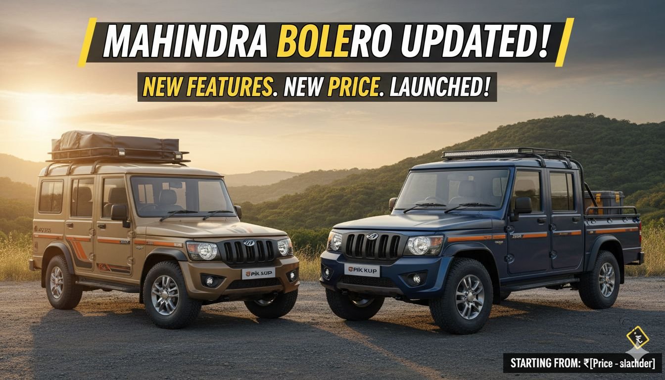 महिंद्रा Bolero Camper और Pik-Up अपडेटेड मॉडल्स का फ्रंट व्यू, नए डिजाइन और फीचर्स हाइलाइट।
