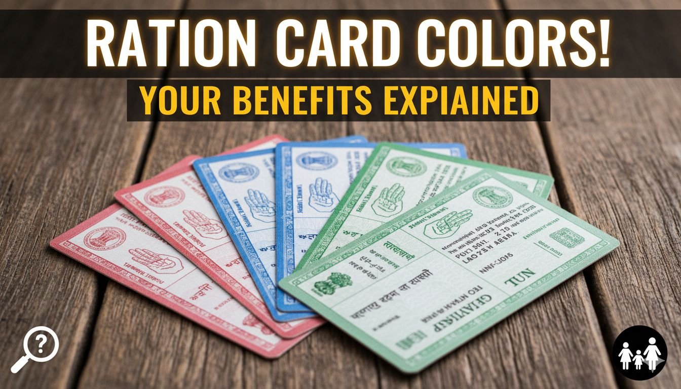 विभिन्न रंगों वाले राशन कार्ड की इमेज जो कैटेगरी और फायदे दर्शाती है