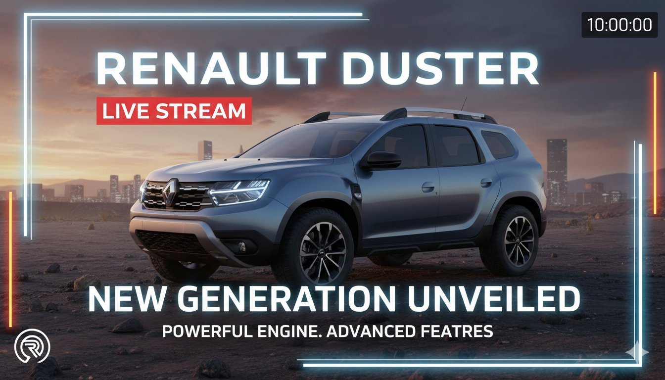 नई रिनॉल्ट डस्टर 2026 एसयूवी का फ्रंट व्यू, रग्ड डिजाइन और एलईडी लाइट्स के साथ