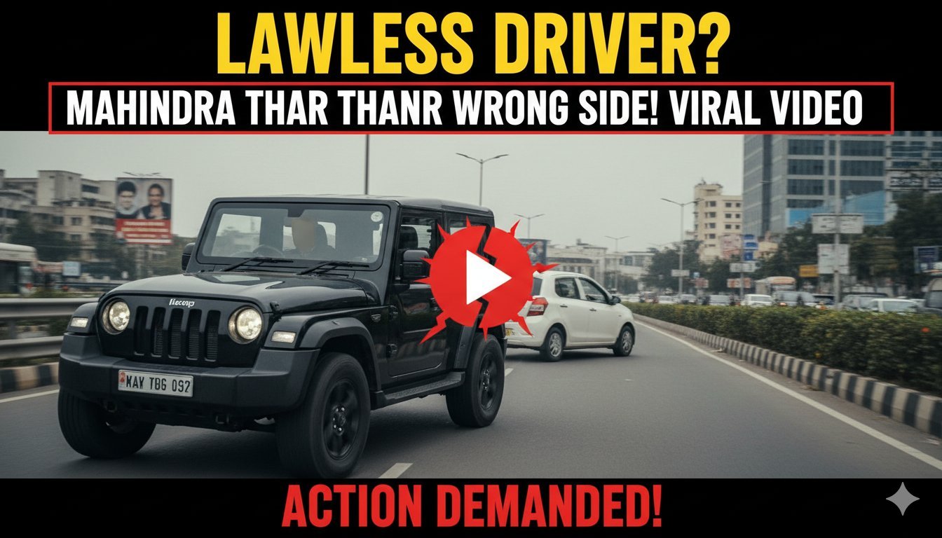 Mahindra Thar गलत साइड पर ड्राइविंग करता हुआ वाहन का दृश्य