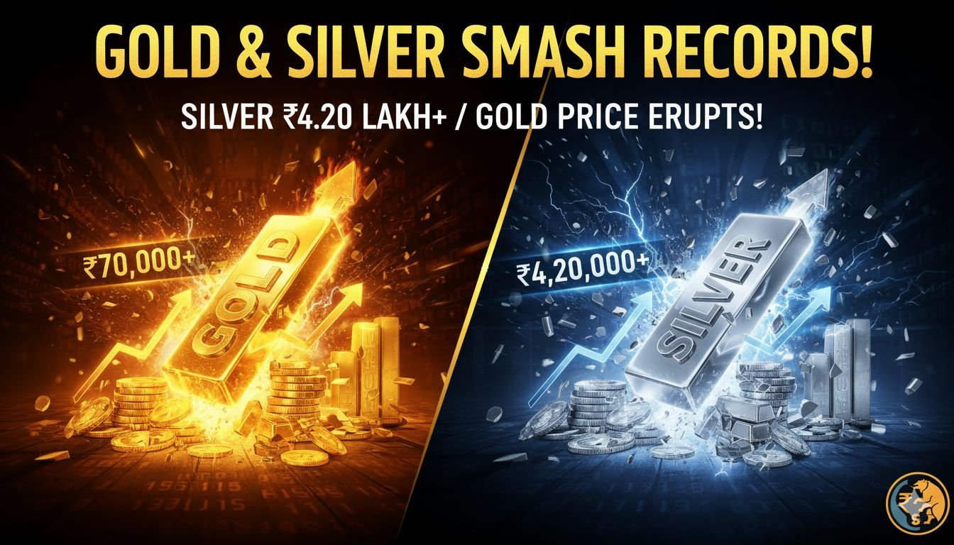 सोने और चांदी की चमकदार बार्स बाजार उछाल दर्शाती हुईं