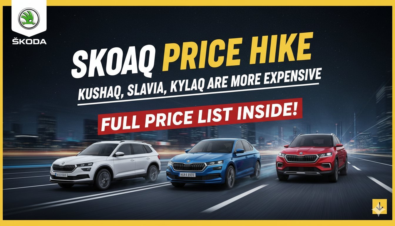 स्कोडा Kylaq, Slavia और Kushaq कारों की इमेज, कीमत वृद्धि दिखाते हुए