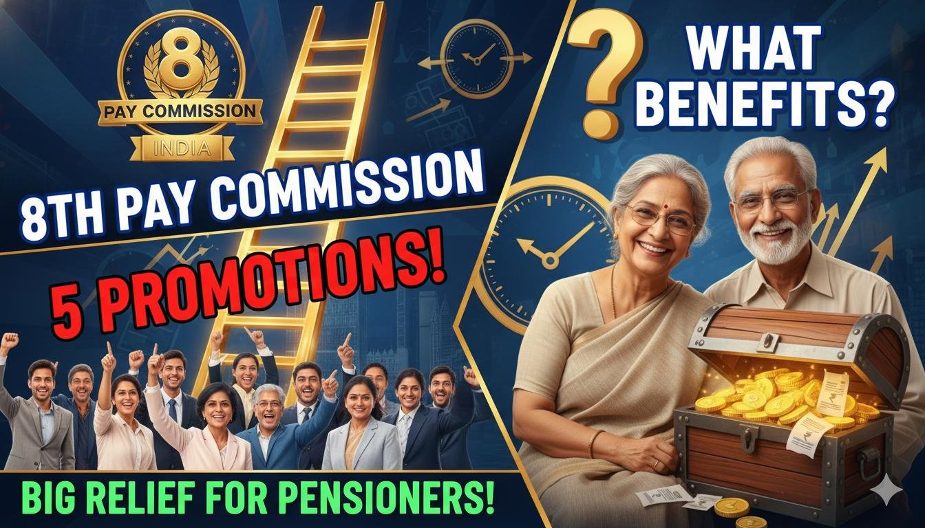 8वें वेतन आयोग की मांगों के साथ केंद्रीय कर्मचारी और पेंशनर्स, प्रमोशन और पेंशन लाभ का ग्राफिक