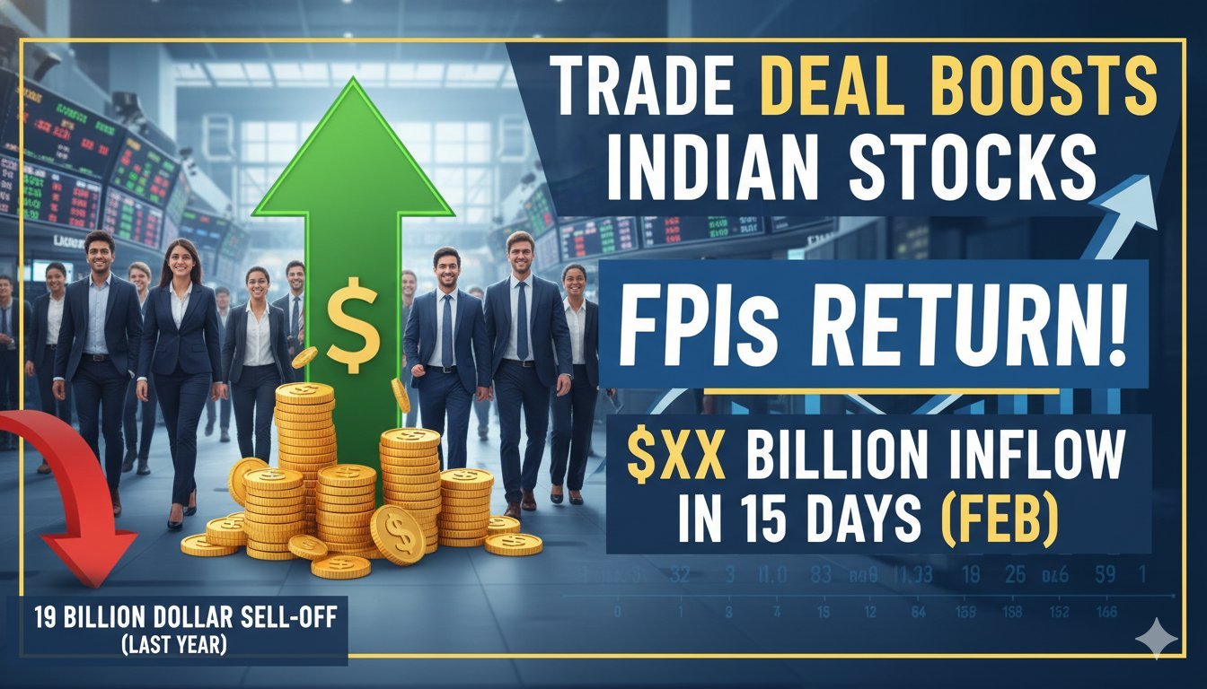 विदेशी निवेशकों द्वारा भारतीय शेयर बाजार में निवेश का ग्राफ दिखाता हुआ इमेज, जिसमें फरवरी 2026 में ₹19,675 करोड़ का इनफ्लो दर्शाया गया है