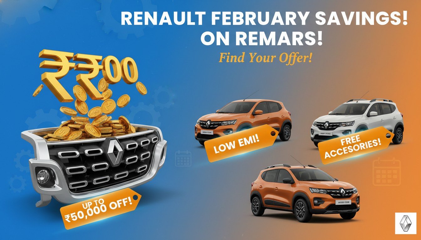 Renault Kwid, Triber और Kiger कारों पर फरवरी 2026 में मिल रही भारी छूट और ऑफर्स का ग्राफिक
