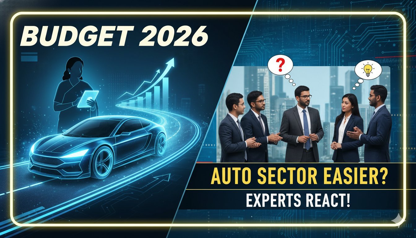 Alt Text for featured image : निर्मला सीतारमण बजट 2026 पेश करते हुए, ऑटोमोबाइल और EV सेक्टर से जुड़े ग्राफिक्स के साथ