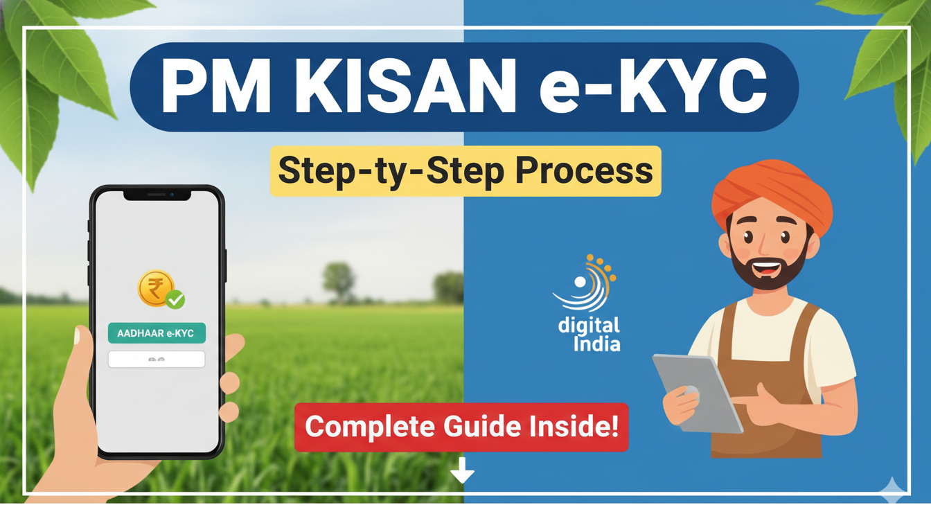 पीएम किसान ई-केवाईसी प्रक्रिया दिखाता ग्राफिक, आधार OTP और मोबाइल वेरिफिकेशन के साथ