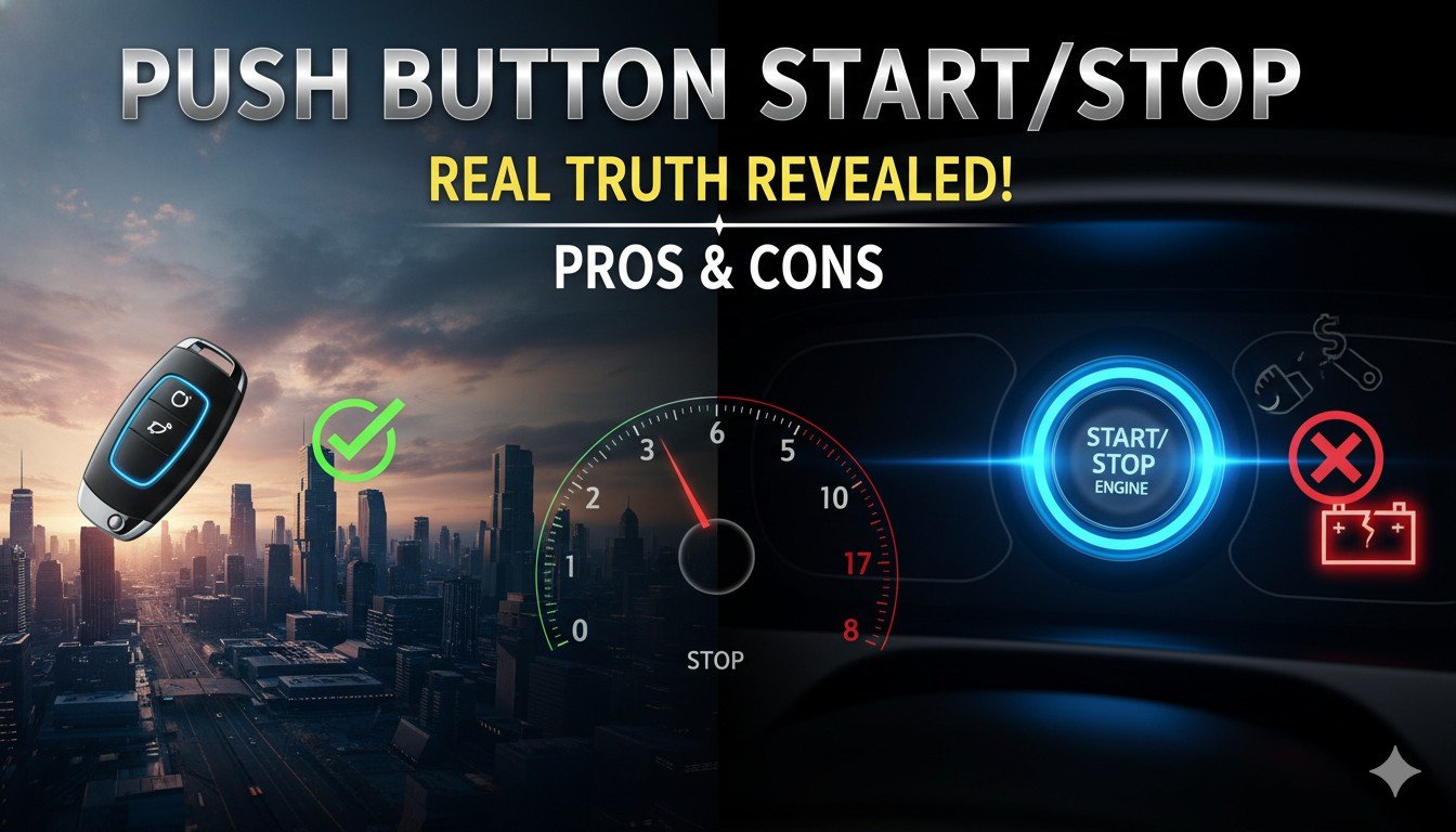आधुनिक कार में पुश बटन स्टार्ट-स्टॉप फीचर वाला डैशबोर्ड, फायदे और नुकसान दिखाते हुए