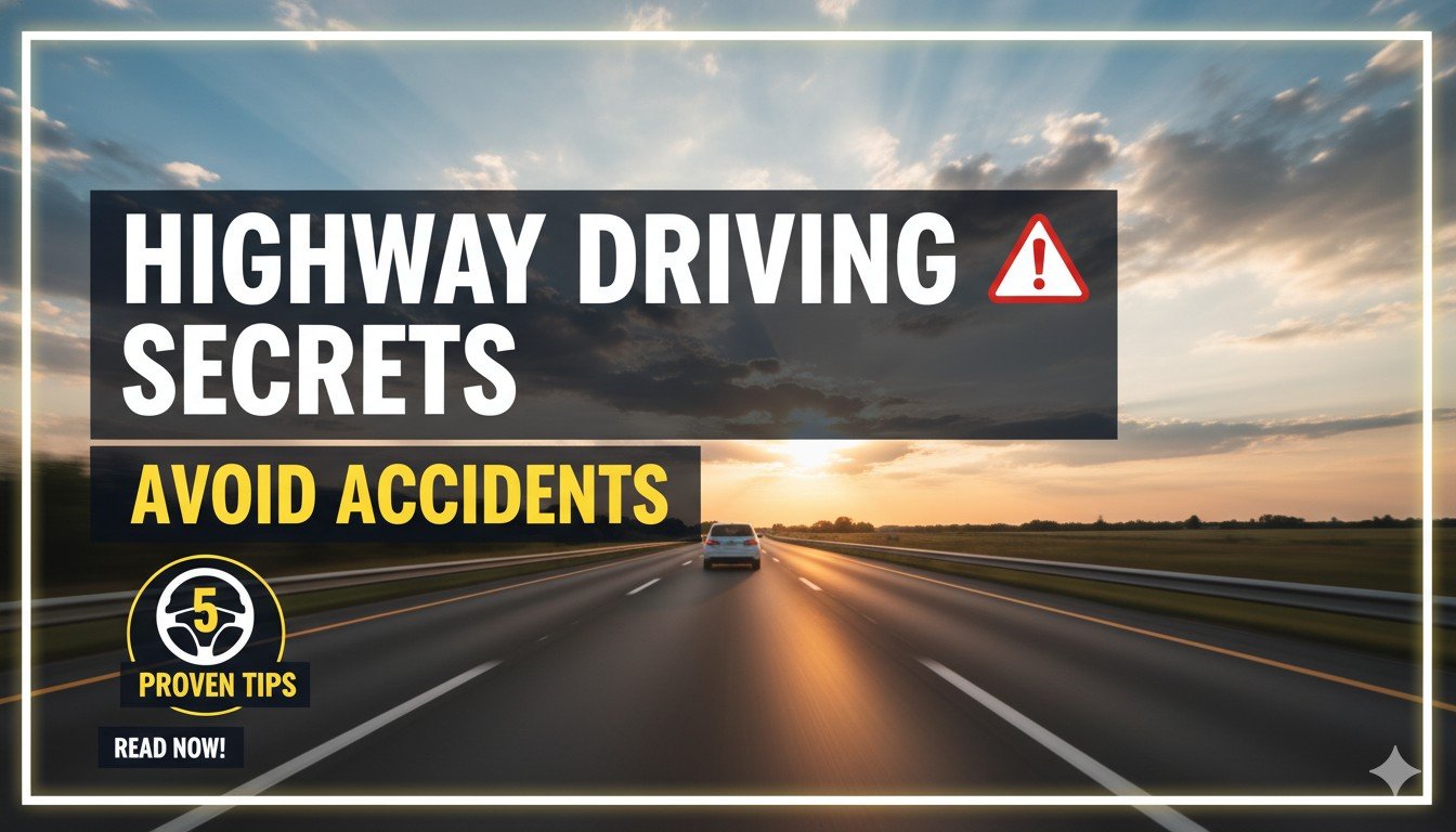 हाईवे पर सुरक्षित गाड़ी चलाते हुए ड्राइवर, सीटबेल्ट लगाए और स्पीड कंट्रोल में