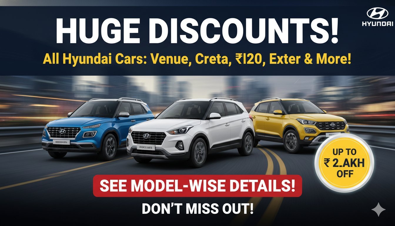 हुंडई कारों पर फरवरी 2026 की बंपर छूट दिखाते हुए वेन्यू, क्रेटा, i20 और एक्सटर मॉडल्स की इमेज