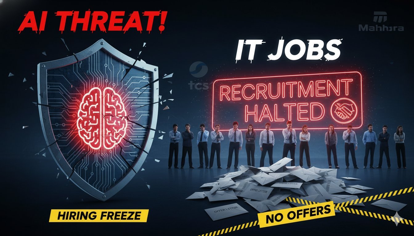 भारतीय आईटी जॉब्स पर AI का प्रभाव दिखाता ग्राफिक, TCS और Tech Mahindra लोगो के साथ छंटनी और हायरिंग फ्रीज की इमेज