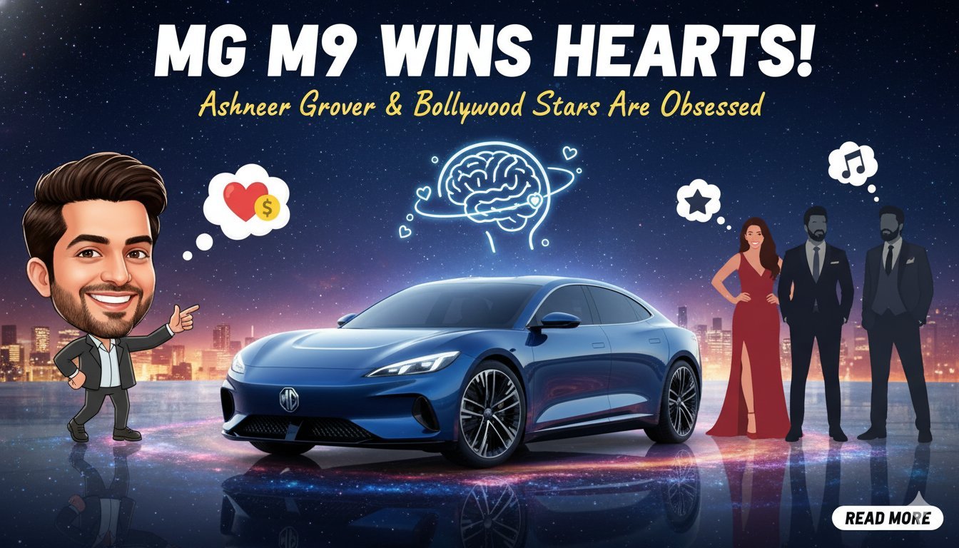 MG M9 इलेक्ट्रिक लग्जरी एमपीवी की फ्रंट प्रोफाइल, जिसमें LED लाइट्स और प्रीमियम डिजाइन दिख रहा है, अश्नीर ग्रोवर और बॉलीवुड सितारों की पसंदीदा कार
