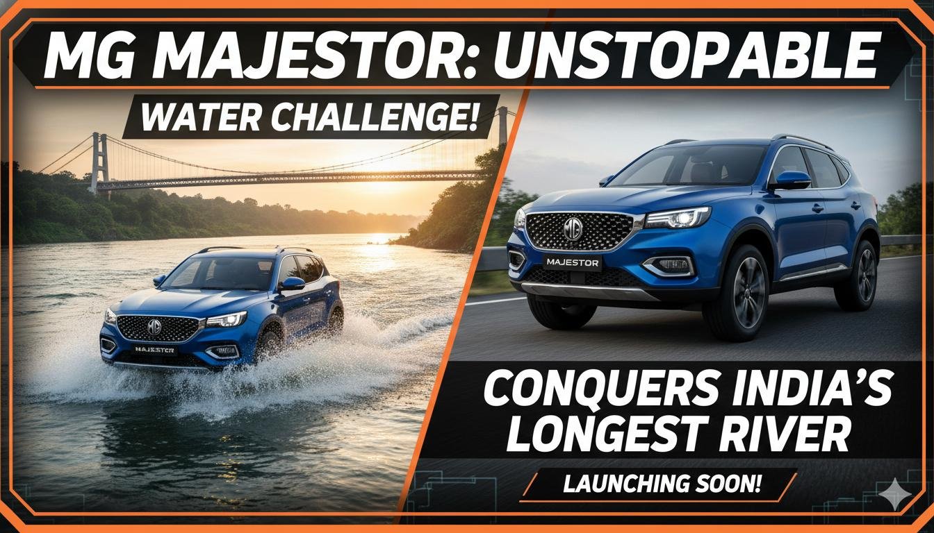 MG Majestor SUV गंगा नदी को पार करते हुए, 810 mm वॉटर वेडिंग क्षमता दिखाते हुए