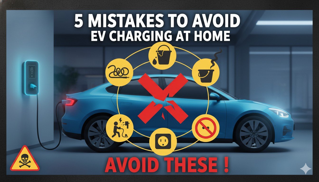 घर पर इलेक्ट्रिक कार चार्ज करते समय सावधानियां बरतते व्यक्ति की इमेज, EV चार्जिंग गलतियां से बचाव