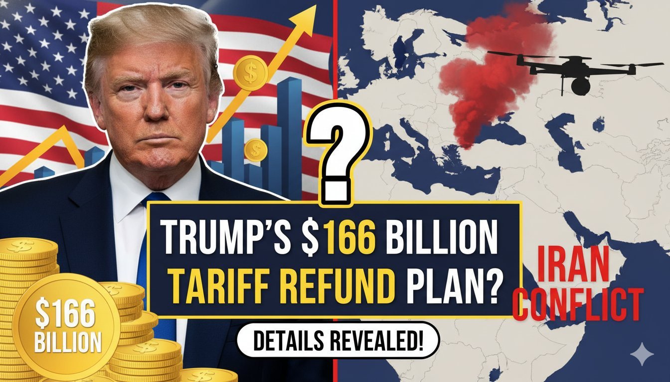 अमेरिकी राष्ट्रपति डोनाल्ड ट्रंप और ईरान युद्ध के बीच टैरिफ रिफंड का ग्राफिक, 166 बिलियन डॉलर की राशि दिखाते हुए