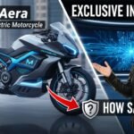 मैटर एरा इलेक्ट्रिक मोटरसाइकिल फ्रंट व्यू दिखाती हुई, जिसमें गियर लीवर और LED हेडलाइट्स दिख रहे हैं