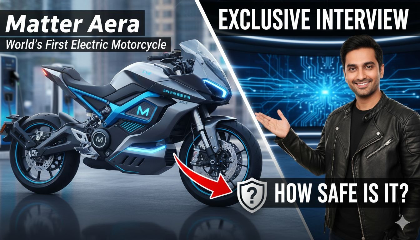 मैटर एरा इलेक्ट्रिक मोटरसाइकिल फ्रंट व्यू दिखाती हुई, जिसमें गियर लीवर और LED हेडलाइट्स दिख रहे हैं