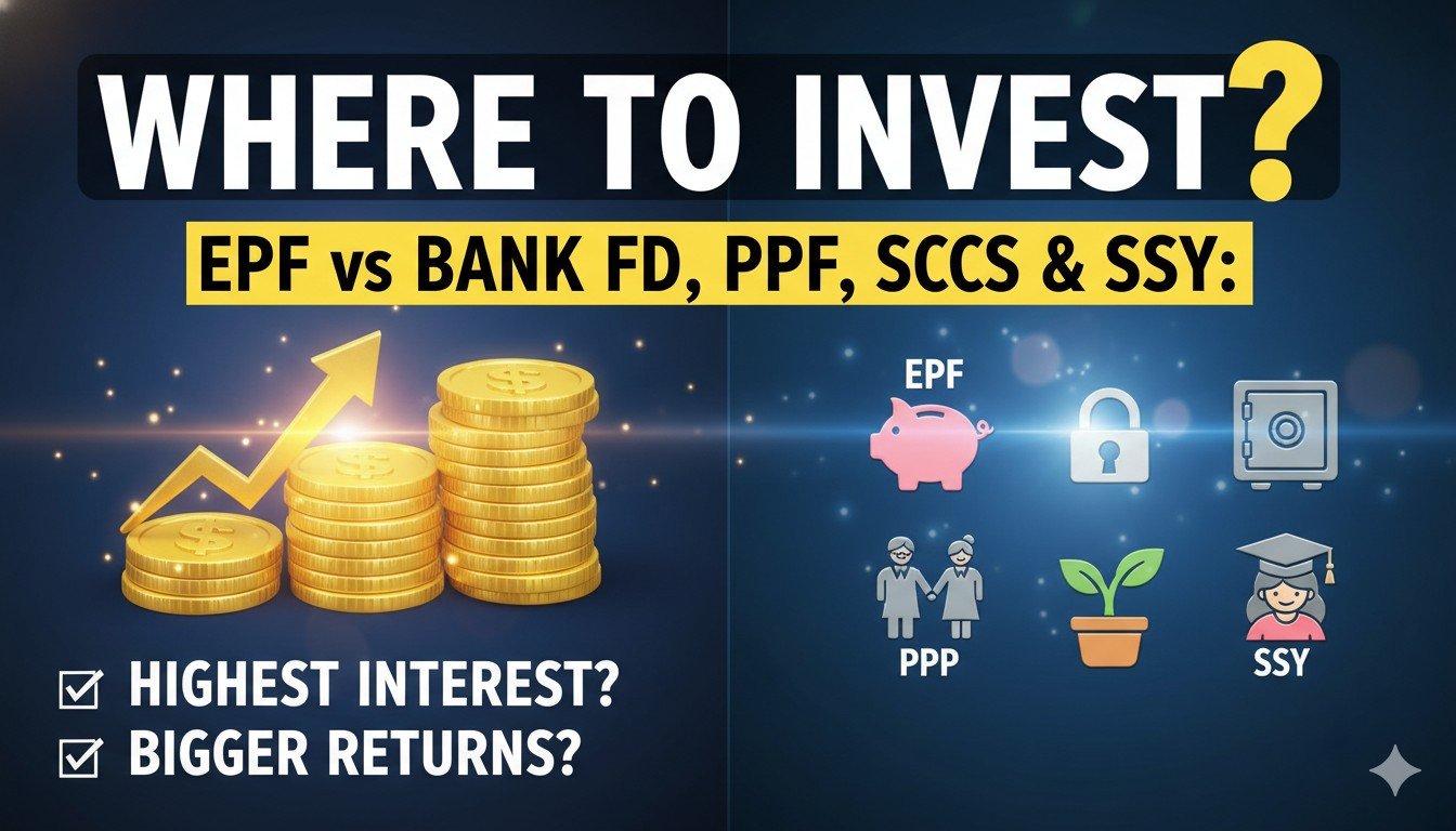 EPF, PPF, SCSS, SSY और बैंक FD की ब्याज दरों की तुलना दिखाती ग्राफिक इमेज